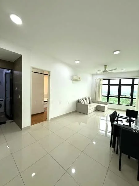 Living features: white painted walls, glossy ceramic tile flooring, 5-blade ceiling fan with light, floor-to-ceiling windows, sheer curtains, sofa in light grey fabric, dining table with black chairs, air conditioning unit on wall, decorative wall art, open layout, natural light from windows; style: modern; view: garden. Room features: doorway leading to other rooms, dark tiled flooring in hallway, light from ceiling lights.