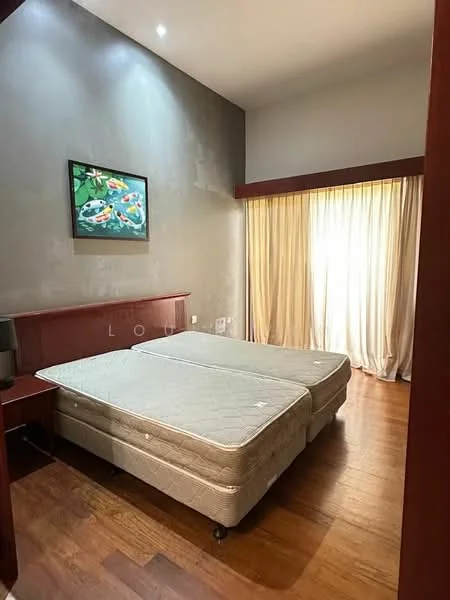 Bedroom features: wooden flooring, grey painted walls, high ceiling, large window with sheer curtains, framed artwork on wall, two twin beds, wooden headboard, bedside table, desk lamp; style: modern.