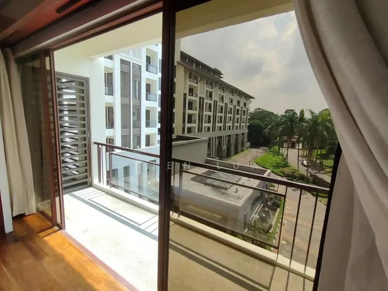 Room features: floor-to-ceiling sliding glass door, curtains, wooden flooring, balcony with railing, view of landscaped garden, view of building facade, palm trees visible, outdoor space; style: modern; view: garden.