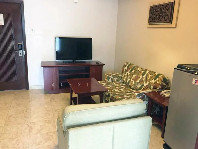 Living features: 3-seater fabric sofa with floral pattern, 2-seater fabric sofa in light color, wood coffee table, TV console, wall-mounted TV, stainless-steel fridge, cream tiled flooring, neutral painted walls, decorative wall art; style: modern.