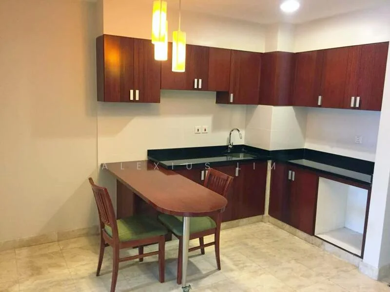 Kitchen features: dark wood cabinetry, black granite countertop, single-bowl stainless-steel sink, chrome pull-down faucet, white tiled backsplash, two pendant lights, table with wooden legs and green upholstered chairs, cream-colored walls, light-colored floor tiles; style: modern.