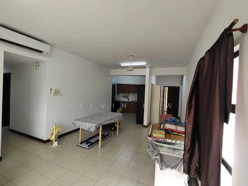 Room features: white painted walls, tiled flooring, ceiling fan, wall-mounted split AC, dining table with tablecloth, kitchen area visible in background, dark wood door, window with sheer curtains; style: modern.