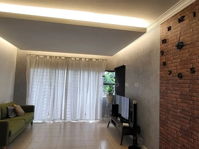 Living features: green fabric sofa, white sheer curtains, exposed brick accent wall, flat-screen TV on stand, light-colored tiled flooring, recessed LED lighting, decorative wall clock, potted plant, grey wallpaper, crown moulding; style: modern; view: garden.