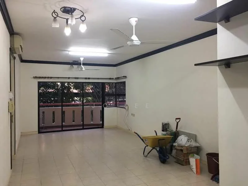 Living features: white painted walls, tile flooring, 5-blade ceiling fan with light, 2 wall-mounted split AC units, floor-to-ceiling windows, sliding glass door, roller blinds, open shelving, decorative wall trim; view: garden.