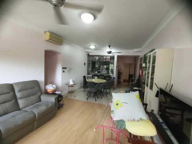 Living features: grey fabric 3-seater sofa, light wood flooring, ceiling fan with light, wall-mounted TV, TV console, decorative wall shelving, large glass display cabinet, dining table with chairs, open layout, air conditioning unit, decorative plants, light pink painted walls; style: modern.