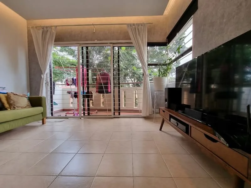 Living features: green fabric sofa, wooden TV console, flat-screen TV, large sliding glass door, floor-to-ceiling windows, white sheer curtains, tile flooring, decorative wall with textured finish, indoor plants, balcony view; style: modern; view: garden.