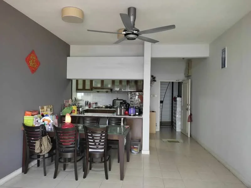 Dining features: 6-seater dining table, wooden dining chairs, ceiling fan with light, grey accent wall, white walls, tile flooring, decorative wall art, open layout to kitchen, kitchen counter with cabinets; style: modern. Room features: staircase leading to upper floor, doorway leading to hallway, white walls, tile flooring.
