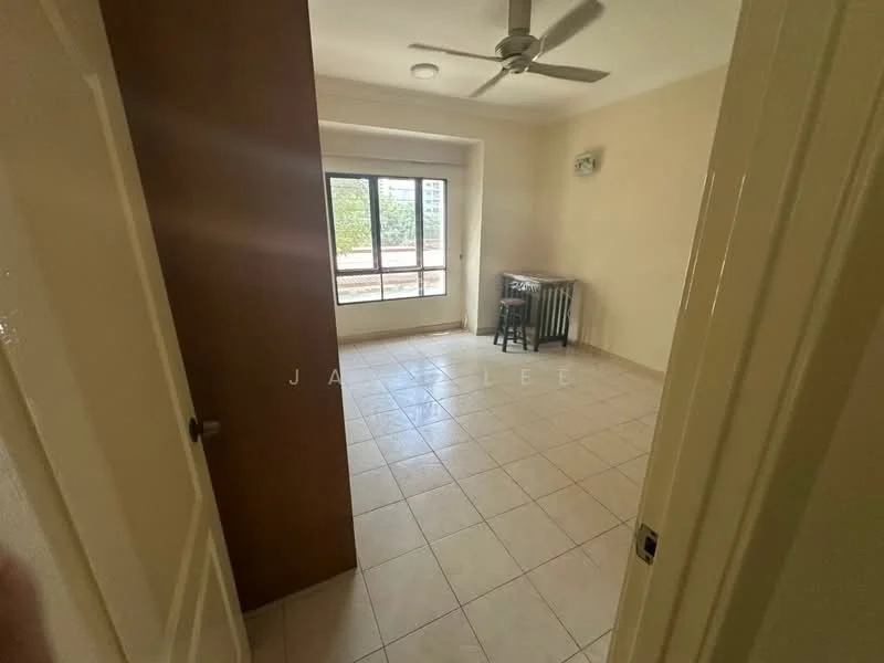 Room features: tiled flooring, cream painted walls, ceiling fan, large window with view, window treatments not visible, light fixture on ceiling, small table, chair, door leading to another room; view: garden.