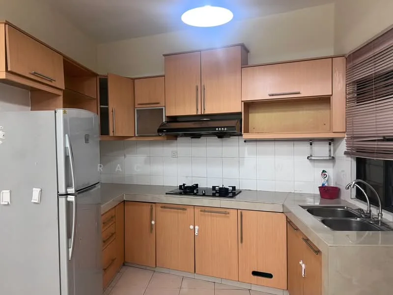 Kitchen features: light wood cabinetry, stainless-steel fridge, built-in oven, 4-burner gas hob, stainless-steel range hood, double-bowl stainless-steel sink, chrome pull-down faucet, grey countertop, white tiled backsplash, tile flooring, window with blinds, overhead ceiling light; style: modern.