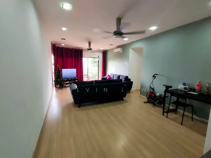 Living features: 3-seater fabric sofa in navy blue, wooden coffee table, TV console, wall-mounted TV, floor-to-ceiling windows, sliding glass door, curtains in red, laminate flooring, ceiling fan, decorative Christmas tree, area rug, wall-mounted air conditioning unit, dining table for two, exercise bike; style: modern; view: garden.