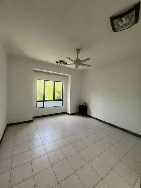 Room features: white painted walls, tile flooring, 5-blade ceiling fan, large window with black frame, neutral color scheme, corner for furniture placement, no visible built-in storage, natural light from window; style: minimalist; view: garden.
