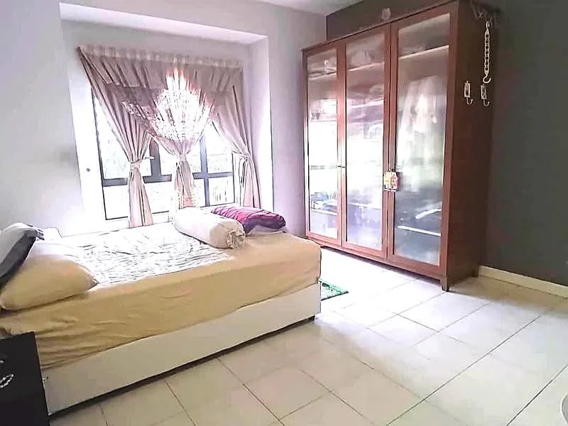 Bedroom features: queen-size bed with beige bedding, floor-to-ceiling windows, sheer curtains, dark wood wardrobe with glass doors, white tiled flooring, decorative wall with grey paint, bedside table, decorative throw pillow; style: modern.