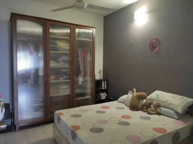 Bedroom features: queen-size bed with patterned bedding, wooden wardrobe with glass doors, decorative wall with grey paint, ceiling fan, nightstand with storage, stuffed toys on bed, polished tile flooring, wall-mounted light fixture; style: modern.