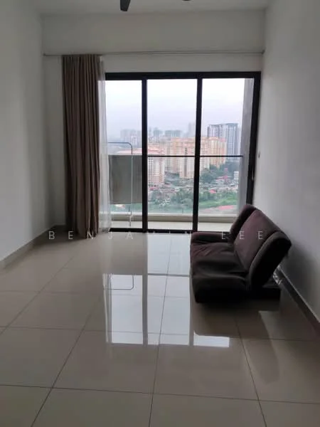 Living features: large floor-to-ceiling windows, sliding glass door, curtains, grey fabric sofa, glossy ceramic tile flooring, white painted walls, ceiling fan, city view; style: modern; view: city.