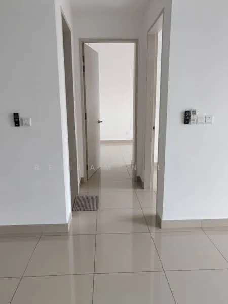 Room features: white painted walls, glossy ceramic tile flooring, neutral-coloured doors, door frames, light switches, wall-mounted intercom, floor mat, natural light from doorways; style: modern.