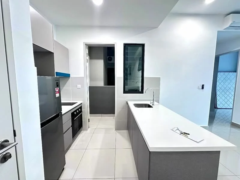Kitchen features: grey cabinetry, white countertop, single-bowl stainless-steel sink, chrome pull-down faucet, built-in oven, stainless-steel fridge, ceramic tile flooring, recessed downlights, floor-to-ceiling window, open layout; style: modern.