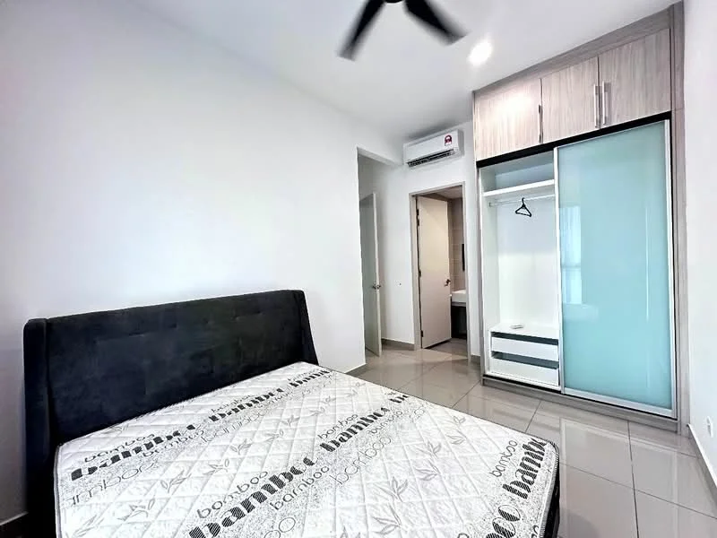 Bedroom features: queen-size bed, upholstered headboard, built-in wardrobe with sliding glass doors, grey tiled flooring, white painted walls, 1 wall-mounted split AC, ceiling fan, window with natural light, light fixture, doorway to bathroom, decorative bedding; style: modern.