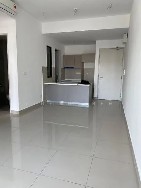 Living features: white painted walls, glossy ceramic tile flooring, recessed downlights, wall-mounted split AC, open kitchen layout, kitchen island, neutral cabinetry, single door, large window, door to hallway; style: modern.