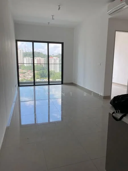 Living features: white painted walls, glossy ceramic tile flooring, floor-to-ceiling windows, city view, recessed downlights, air conditioning unit, open layout, natural light; style: modern; view: city.