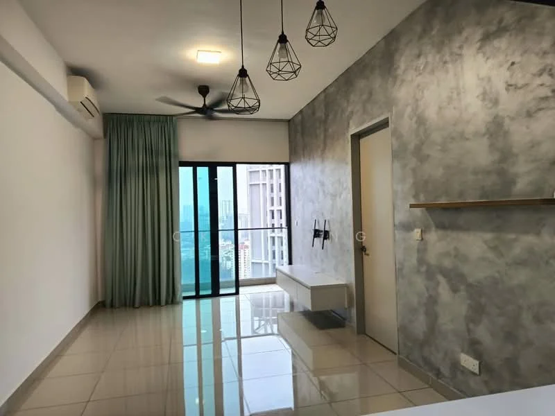 Living features: floor-to-ceiling windows, sliding glass door, grey accent wall, white painted walls, polished ceramic tile flooring, 5-blade ceiling fan, hanging pendant lights, curtains in light green, open shelving, wall-mounted TV, decorative wall shelf; style: modern; view: city.