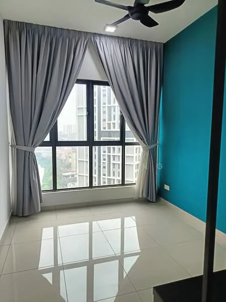 Bedroom features: floor-to-ceiling windows, grey curtains, teal accent wall, white painted walls, polished ceramic tile flooring, 5-blade ceiling fan with light, city view; style: modern; view: city.