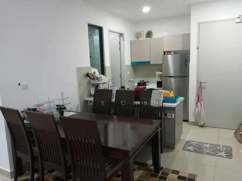 Dining features: 6-seater wooden dining table, brown wooden dining chairs, white walls, tile flooring, refrigerator, kitchen cabinetry, sink, countertop, wall-mounted mirror, door leading to hallway, decorative mat; style: modern.