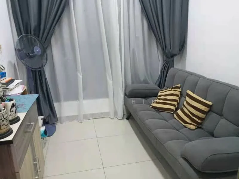 Living features: grey fabric sofa with striped cushions, floor-to-ceiling window with sheer and blackout curtains, wall-mounted fan, light-colored tiled flooring, wooden side table, decorative items on side table; style: modern.