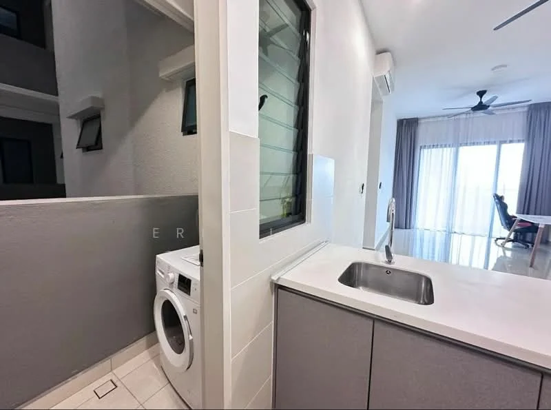 Laundry features: white front-load washing machine, single-bowl stainless-steel sink, grey cabinetry, white tiled backsplash, white tiled flooring, window with security bars, recessed ceiling lights, wall-mounted split AC; style: modern. Room features: floor-to-ceiling windows, curtains, dining table visible in background, ceiling fan.