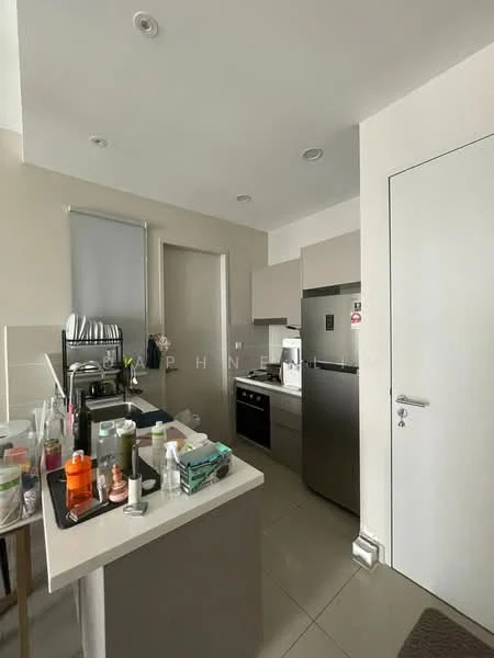 Kitchen features: grey cabinetry, white countertop, stainless-steel fridge, built-in oven, freestanding range oven, sink, kitchen island, tile flooring, recessed downlights, wall-mounted cabinets, open shelving, kitchen appliances, countertop clutter; style: modern.
