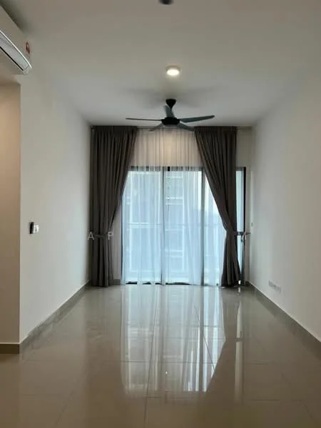 Living features: white painted walls, glossy tile flooring, 5-blade ceiling fan, floor-to-ceiling sliding glass door, sheer curtains, dark grey curtains, recessed lighting; style: modern.