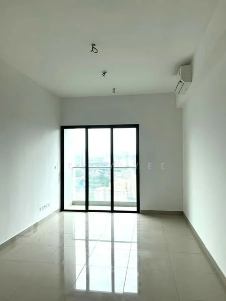 Room features: white painted walls, polished ceramic tile flooring, floor-to-ceiling sliding glass door, city view through glass door, 1 wall-mounted split AC, recessed downlights, no visible furniture or decor; style: modern; view: city.