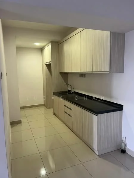 Kitchen features: light wood cabinetry with vertical grain, black granite countertop, single-bowl stainless-steel sink, chrome pull-down faucet, built-in oven, ceramic tile flooring, recessed LED downlights, white painted walls, open shelving, wall-mounted cabinets; style: modern.