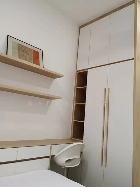 Room features: white painted walls, light wood cabinetry, built-in wardrobe with sliding doors, open shelving, desk with chair, minimalist decor, neutral color palette, framed artwork on wall; style: modern.