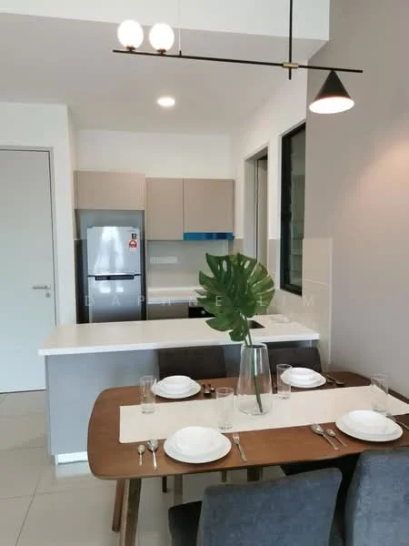 Dining features: wood dining table, 4 upholstered dining chairs, table setting with plates and glasses, decorative vase with green plant, neutral table runner, wall-mounted light fixture, large window with natural light, open layout to kitchen; style: modern. Kitchen features: stainless-steel fridge, light grey cabinetry, white countertop, blue accent on cabinetry, built-in oven, ceramic tile flooring, recessed ceiling lights, open shelving; style: modern.