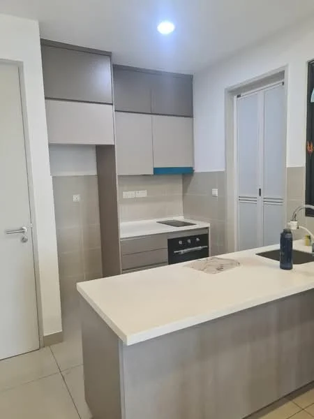 Kitchen features: white quartz countertop, grey cabinetry, built-in oven, electric cooktop, single-bowl stainless-steel sink, chrome pull-down faucet, tile backsplash, recessed downlights, light-colored wall tiles, neutral-colored floor tiles, sliding door to pantry, open shelving; style: modern.