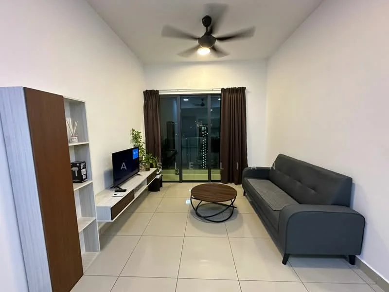 Living features: 3-seater fabric sofa in grey, round coffee table, TV console, wall-mounted TV, floor-to-ceiling windows, sliding glass door, dark brown curtains, ceiling fan with light, decorative plant, white painted walls, tile flooring; style: modern; view: city.