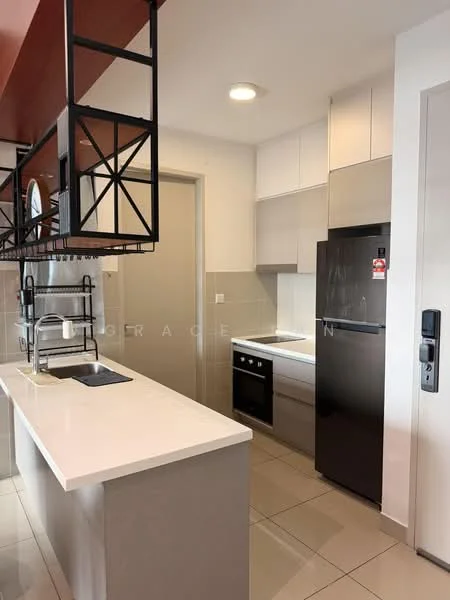 Kitchen features: white quartz countertop, grey cabinetry, black refrigerator, built-in oven, ceramic cooktop, stainless-steel sink, chrome pull-down faucet, open shelving, pendant lighting, tile backsplash, floor-to-ceiling cabinets, neutral tile flooring, wall-mounted microwave; style: modern.