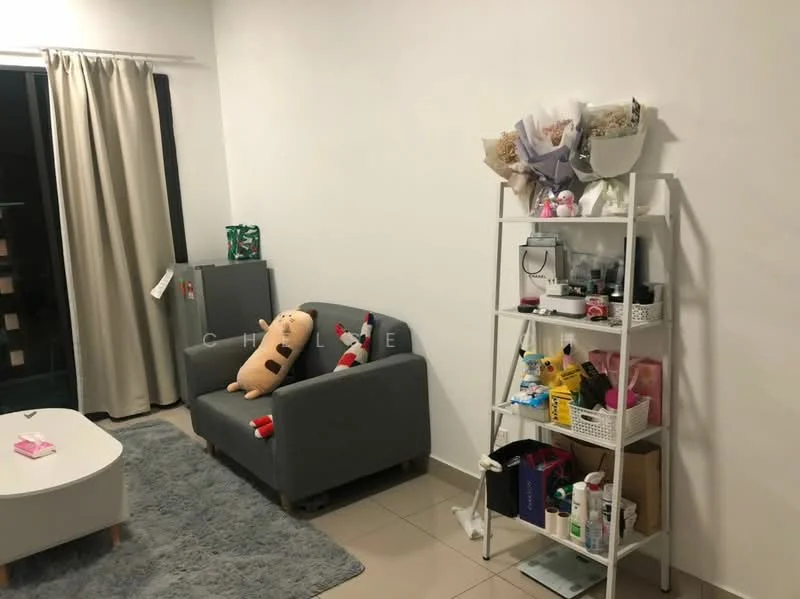 Living features: grey fabric sofa, white coffee table, light grey area rug, white shelving unit, decorative items on shelves, curtains, wall-mounted decor, tile flooring, green plant, stuffed toy; style: modern.