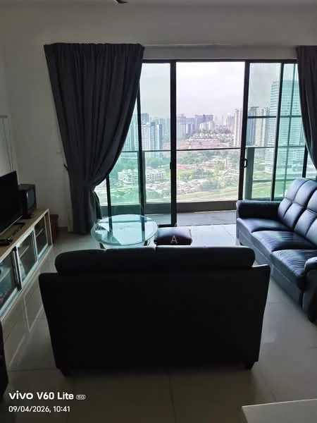 Living features: grey leather sofa, 3-seater sofa, glass coffee table, floor-to-ceiling windows, curtains in dark grey, TV console, wall-mounted TV, ceramic tile flooring, city skyline view, decorative wall art; style: modern; view: city.