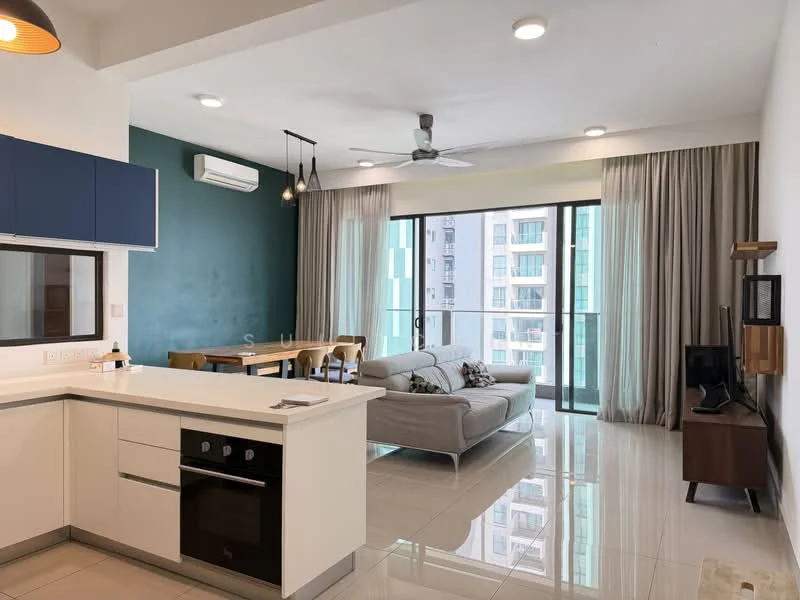 Living features: grey fabric sofa, wooden coffee table, wall-mounted TV, TV console, 5-blade ceiling fan with light, floor-to-ceiling windows, curtains, recessed downlights, polished tile flooring, green accent wall, dining table with wooden chairs; style: modern; view: city. Kitchen features: white cabinetry, blue upper cabinets, stainless-steel oven, stainless-steel cooktop, white countertop, single-bowl stainless-steel sink, chrome pull-down faucet, recessed downlights; style: modern.