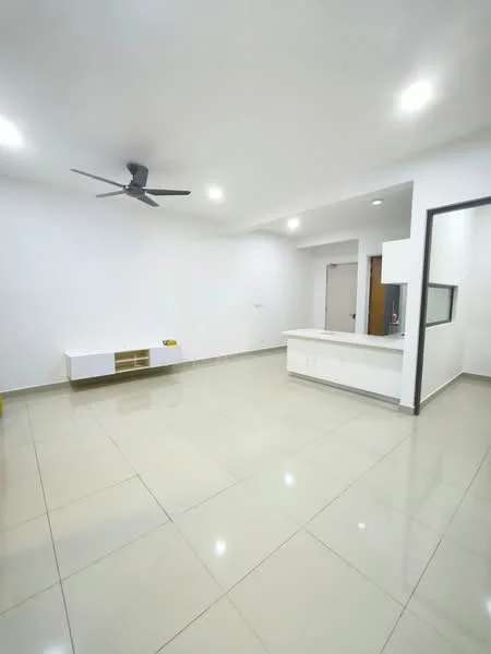 Living features: white painted walls, glossy ceramic tile flooring, 5-blade ceiling fan with light, recessed LED downlights, built-in TV console, open layout to kitchen, neutral color palette, large open space; style: modern.