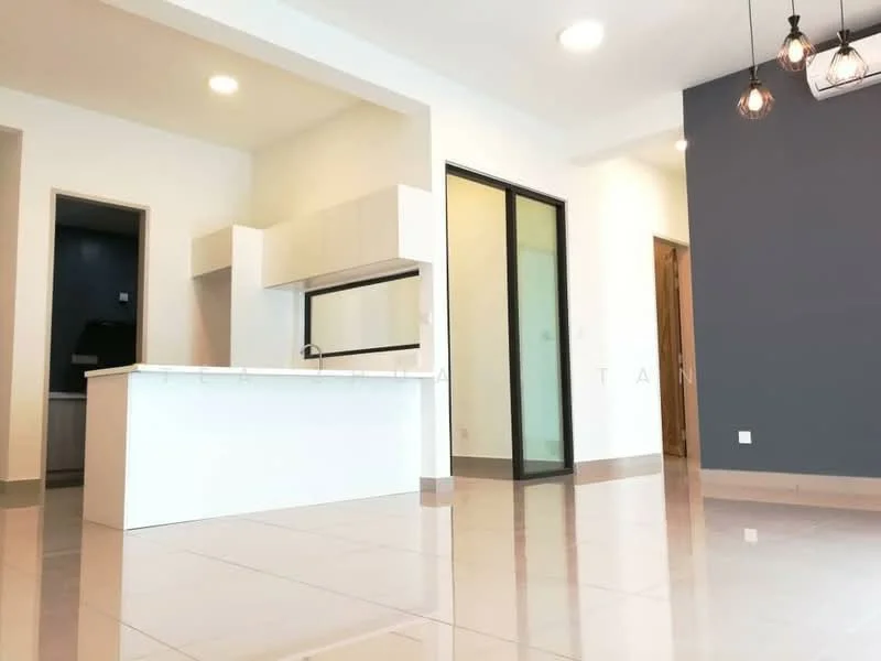 Kitchen features: white cabinetry, island countertop, stainless-steel sink, chrome pull-down faucet, open layout, tile flooring, recessed downlights, pendant lighting, glass sliding door, grey accent wall; style: modern. Room features: white painted walls, tile flooring, recessed downlights, open layout.