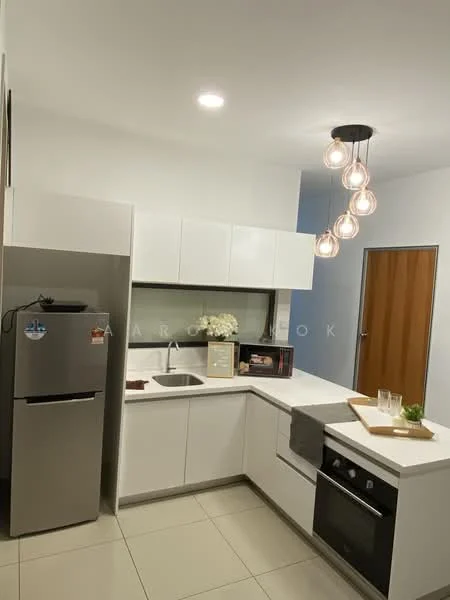 Kitchen features: white cabinetry, stainless-steel fridge, single-bowl stainless-steel sink, chrome pull-down faucet, black built-in oven, 4-burner gas hob, white quartz countertop, pendant light fixture with multiple bulbs, tile flooring, glass backsplash, open shelving, decorative plant on countertop; style: modern.
