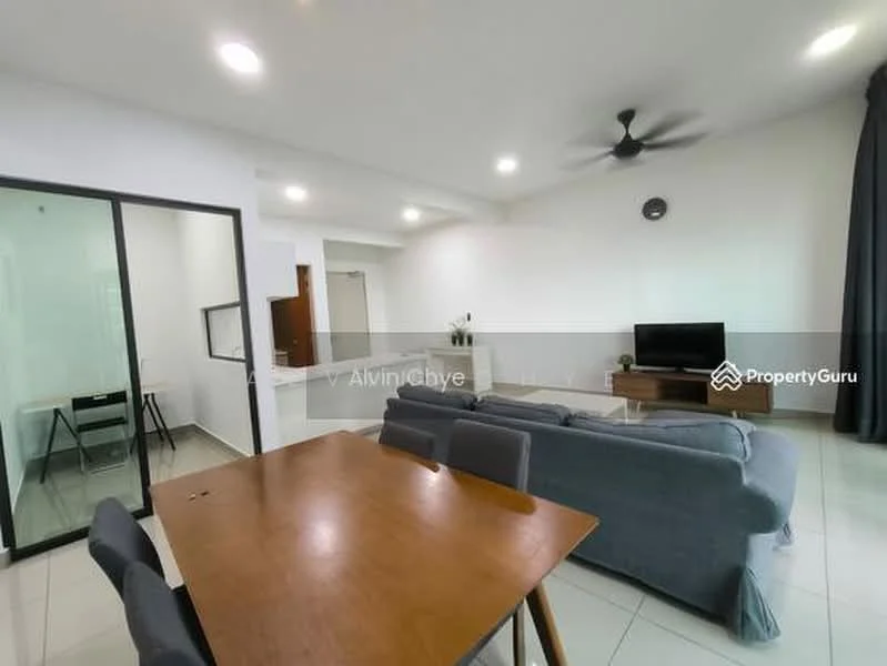 Living features: grey fabric sofa, wooden dining table, 4 upholstered dining chairs, ceiling fan, recessed downlights, white painted walls, tile flooring, large glass sliding door, open layout, decorative wall clock; style: modern. Room features: white painted walls, tile flooring.