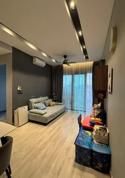 Living features: grey accent wall, light wood flooring, 5-blade ceiling fan with light, floor-to-ceiling windows, sheer curtains, sofa in light blue, coffee table, TV console, decorative wall art, children's play area with colorful storage boxes; style: modern.