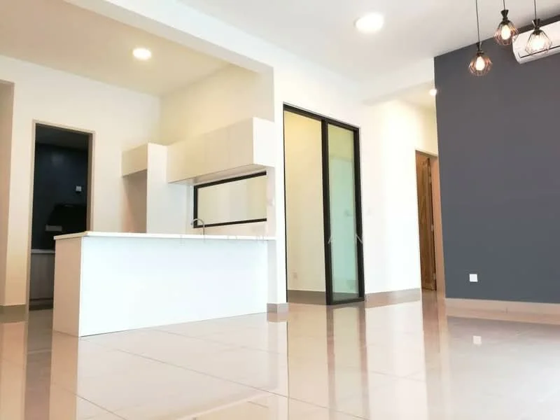 Kitchen features: white cabinetry, kitchen island, stainless-steel sink, chrome pull-down faucet, open layout, tile flooring, recessed downlights, wall-mounted cabinets, black countertop, glass window, neutral wall color; style: modern. Living features: grey accent wall, tile flooring, recessed downlights, open layout, large windows, neutral wall color; style: modern.