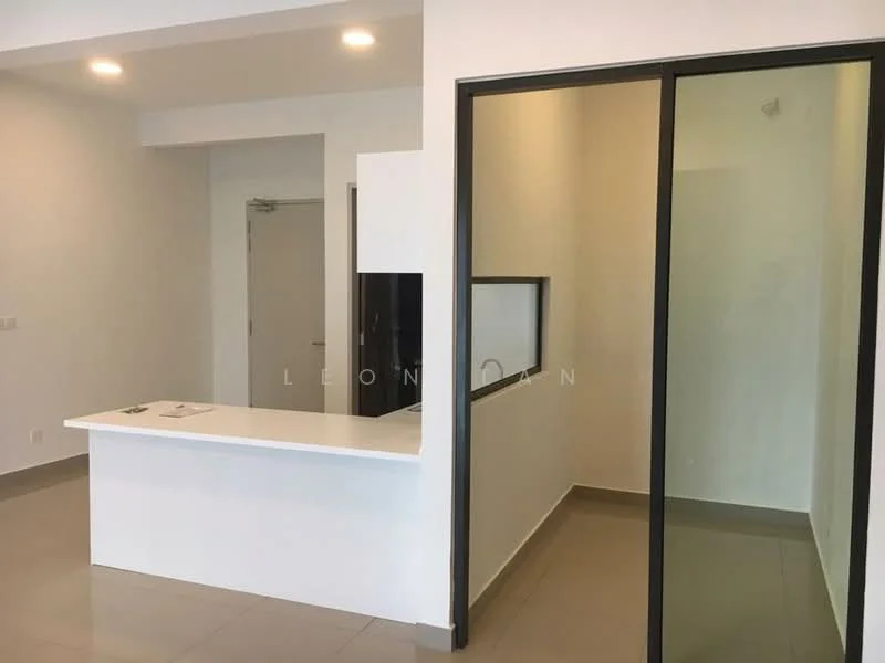 Room features: white painted walls, grey tiled flooring, open kitchen layout, island counter, glass partition, recessed downlights, doorway to another room, minimalist design; style: modern.