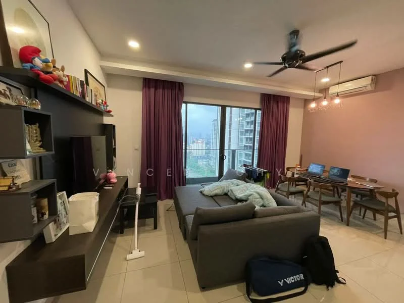 Living features: 3-seater fabric sofa in grey, coffee table, wall-mounted TV, TV console, floor-to-ceiling windows, curtains in purple, ceiling fan, decorative items on shelves, area rug, dining table with chairs, laptop on dining table, wall-mounted air conditioning unit; style: modern; view: city.