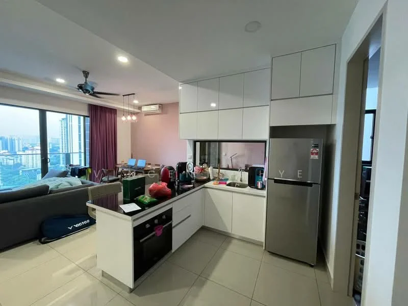 Kitchen features: white high-gloss cabinetry, black granite countertop, stainless-steel fridge, built-in oven, 4-burner gas hob, single-bowl stainless-steel sink, chrome pull-down faucet, ceramic tile flooring, recessed downlights, floor-to-ceiling windows, open layout to living area, wall-mounted split AC; style: modern; view: city. Living features: sofa, coffee table, work desks, floor-to-ceiling windows, curtains, ceiling fan; style: modern; view: city.
