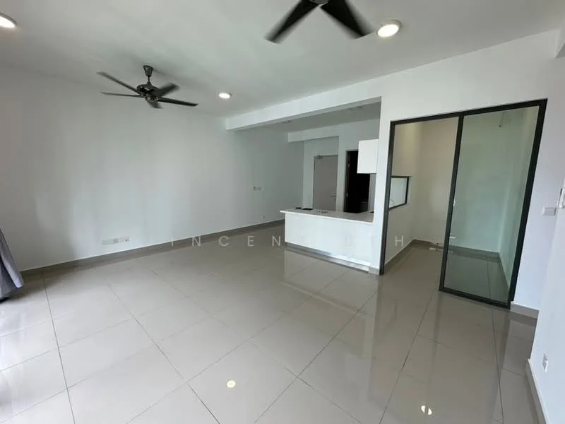 Living features: white painted walls, polished ceramic tile flooring, 2 ceiling fans, recessed downlights, large glass sliding door, open layout, corner for kitchen area, natural light from windows; style: modern.
